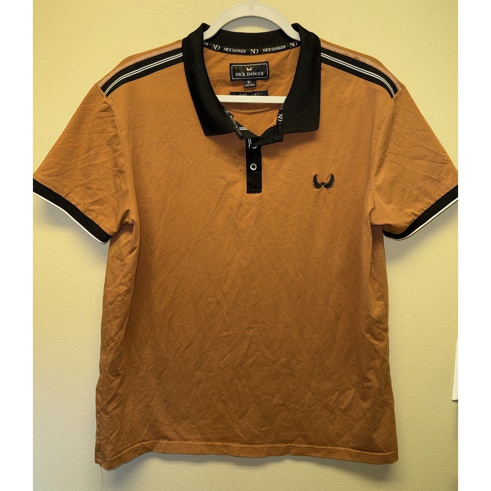 Nick Danger Mens Polo Shirt Brown With Black Accents Short Sleeve Size XL